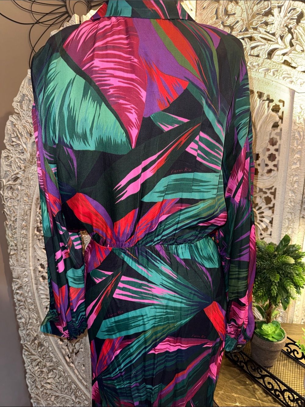 FARM Rio Multicolor Tropical-Leaf Button-Front Long Sleeve Midi Dress - Picture 8 of 12